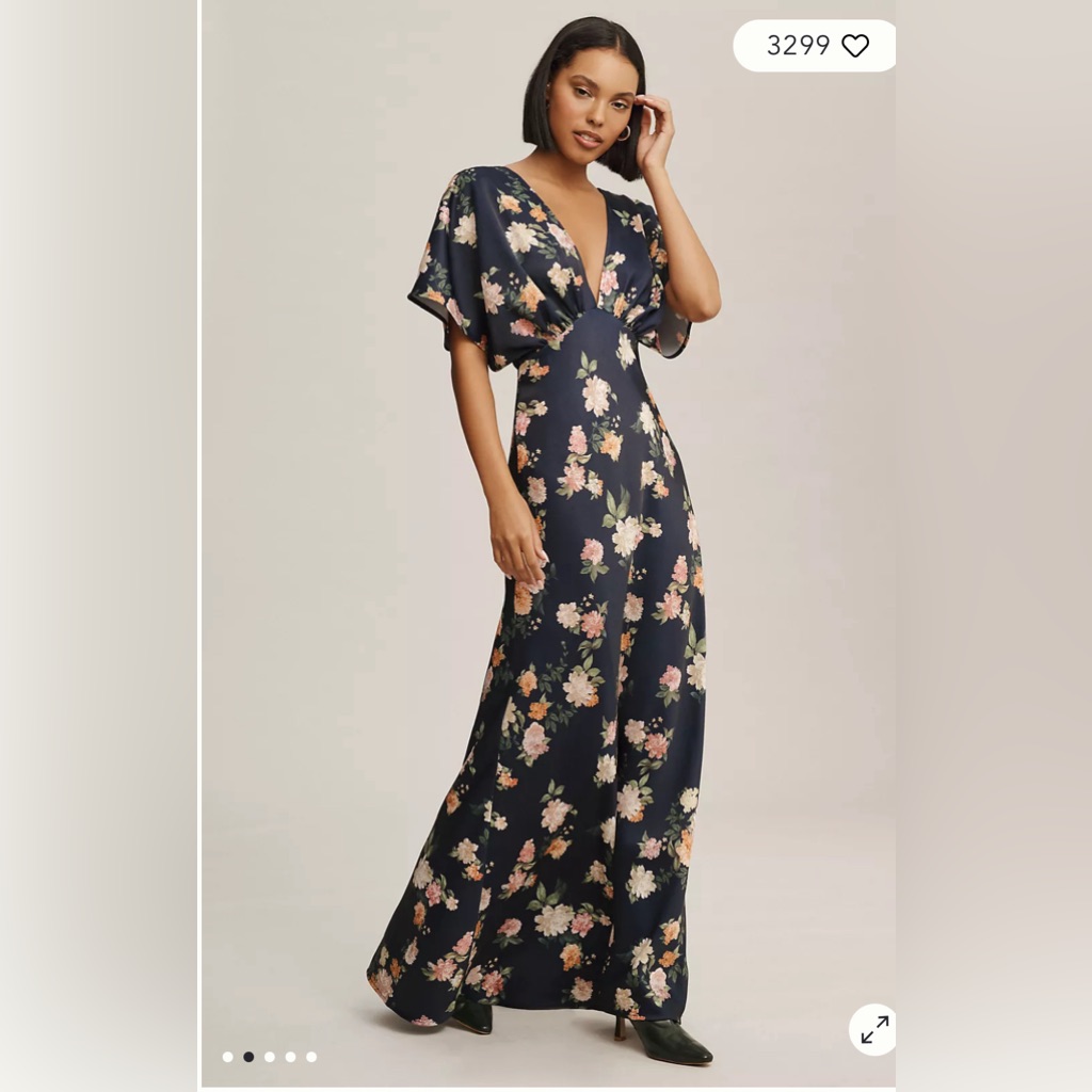 Bhldn Anthropologie Leila Deep-V Flutter-Sleeve Satin A-Line Gown, Navy Floral
